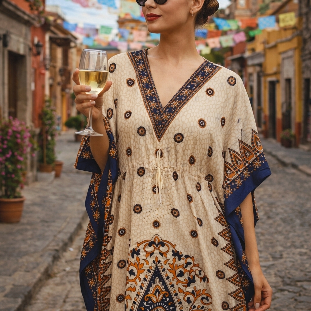 Bohemian Maxi Caftan with Blue and Orange Patterns